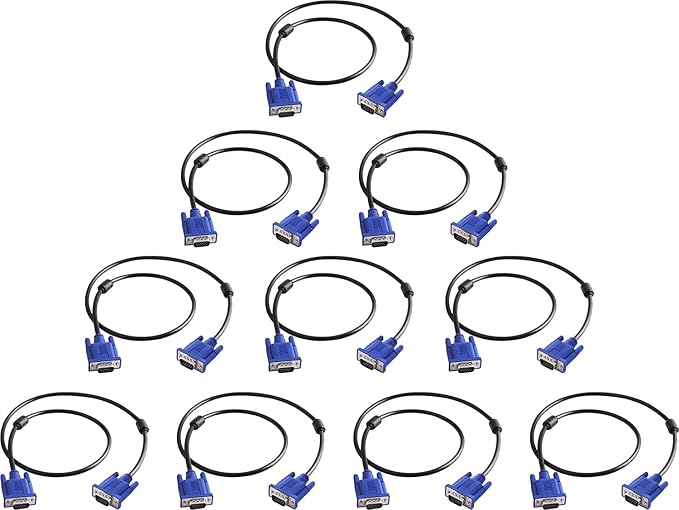VGA to VGA Monitor Cable 10 Pack, 15 Pin Male to Male Computer Cord Support 1080P Full HD for Laptop TV Projector - 3 Feet