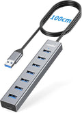 atolla Aluminum 7-Port USB 3.0 Hub with 1m Extension Cable - 5Gbps High-Speed Data Transfer for MacBook Pro, Laptop, PC, Gaming Setup-Gray