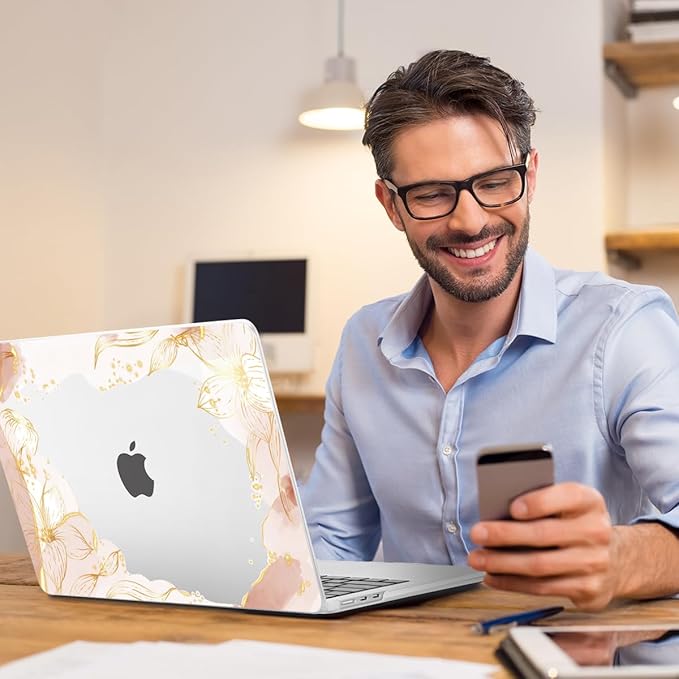 Teryeefi for MacBook Air 15 inch Case M4 M3 M2 Chip 2025 2024 2023 Released Model A3241 A3114 A2941, Designed Hard Shell Cover & Screen Protector & Keyboard Cover- Art Gold Floral Line