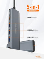 CableCreation 8K HDMI USB C Hub for MacBook Pro, 5-in-1 USB C Multiport Adapter with 100W PD, 3 USB 3.0 Ports, 8K 30Hz/4K 120Hz HDMI, Compatible with Steam Deck, Surface Pro, XPS and More - Space Grey