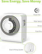 BN-LINK Timer Outlet with 2 Grounded Outlets, Mechanical Light Timers for Electrical Outlets Indoor, 24-Hour 3-Prong Timer Outlet for Lamp, Indoor Lighting and Christmas Lights, 15A/1875W, 2 Pack