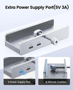 ORICO USB Hub 3.0, Clamp USB Hub with Extra Power Port, 3 USB-A Data Ports, USB-C Port for Monitors, Desks(Silver)