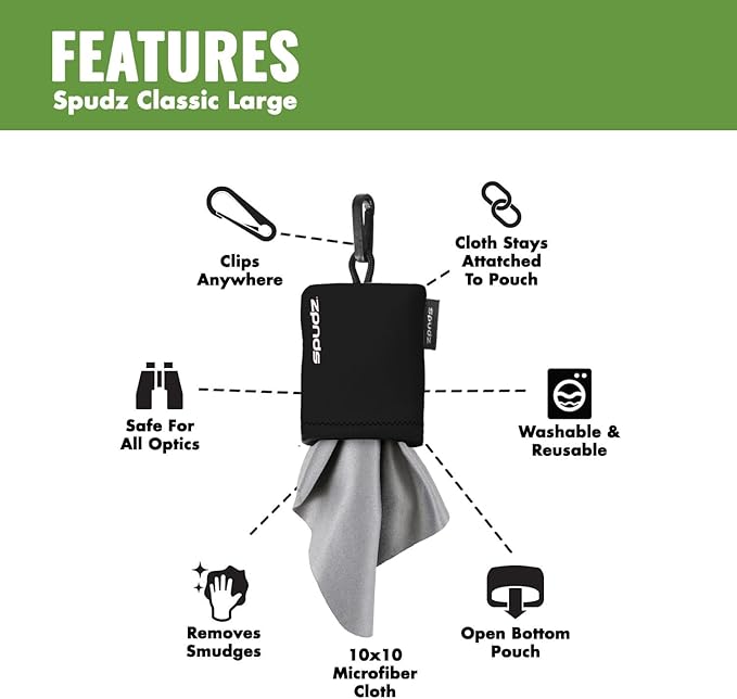 SPUDZ Classic Microfiber Lens Cleaner – Clip-On Pouch, Washable – for Binoculars, Scopes, Glasses, Screens | Multi-Camo, 10 x 10 Inch (2-Pack)