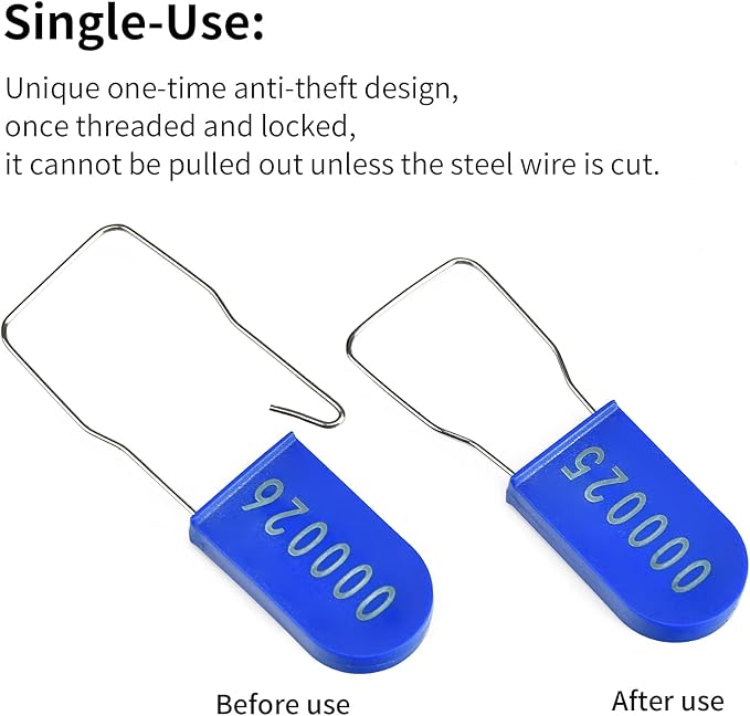500PCS Plastic Padlock Security Seals Metal Wire Padlocks Electric Meter Lockout Tags Disposable Anti-Tamper Lock Numbered Anti Tamper Tags Blue