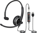 USB Headset with Microphone for PC - Lightweight Single-Ear Computer Headset, Crystal Clear Sound & Comfort Fit, Flexible Steel Headband (3.5mm+USB)