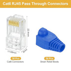 MECCANIXITY 30pcs Cat6 RJ45 Pass Through Connectors, RJ45 Connector 8P8C Gold Plated Plugs with 30pcs Blue Strain Relief Boots for Solid or Stranded UTP Ethernet Cable, 1.1mm