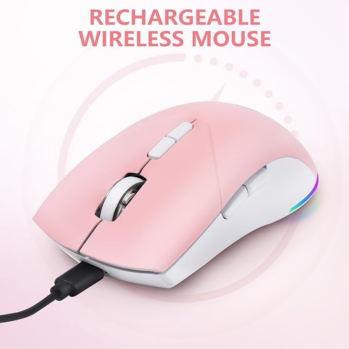 Wireless Bluetooth Mouse, 2.4G and Bluetooth 5.2 Ergonomic Rechargeable USB Optical Mouse, 3 Adjustment DPI， 1600 DPI Dual Mode Silent Wireless Mouse for Mac，Laptop, PC, Windows. (Pink)