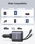 Retractable 4 in 1 Fast Car Charger - 30W Dual USB Type C, 31.5 Inch Cables - Compatible with iPhone 16/15/14/13/12, Samsung, Pixel, iPad