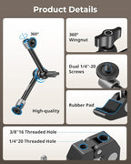 SMALLRIG Clamp w/ 1/4" and 3/8" Thread and 9.8 Inches Adjustable Friction Power Articulating Magic Arm with 1/4" Thread Screw for LCD Monitor/LED Lights - KBUM2732B