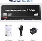HDMI 2.0 Splitter 1 in 4 Out, LUKFOCAB 1x4 HDMI Splitter 4K@60Hz 8:8:8 HDR, HDMI 2.0, HDCP 2.2, 18Gbps, Auto EDID, Supports UHD 3D D-o-l-b-y 4 Ports Mirror Mode and Multichannel Audio Streams