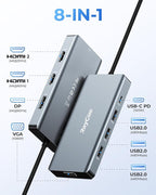 USB C Docking Station Dual Monitor Adapter, 8 in 1 Laptop Docking Station 3 Monitors Quadruple Display USB C Hub Dongle to 4K HDMI+DP+VGA