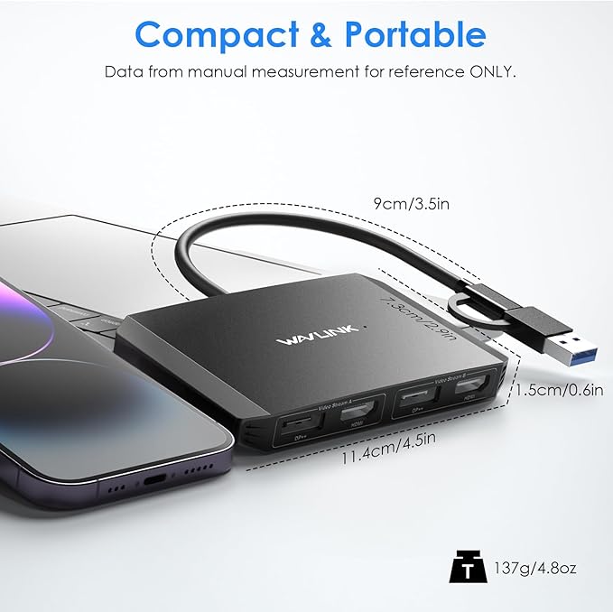 WAVLINK USB C and USB 3.0 to Dual 4K DisplayPort/HDMI Adapter, Displaylink Monitor Splitter Extended Display for Dual Monitor 4K@60Hz, HDMI/DP Splitter Compatible with Mac M1-M4,Window Laptop-Black