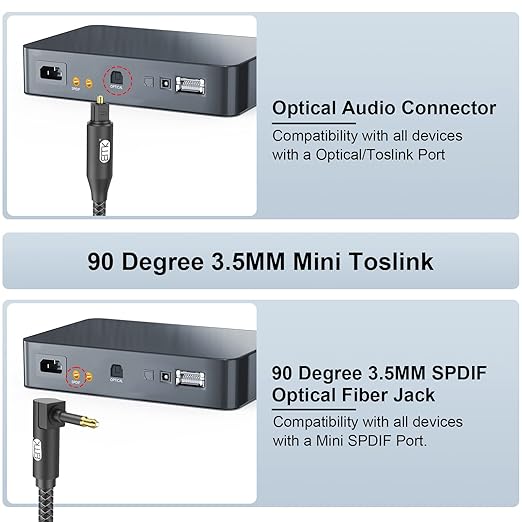 EMK Premium 90° Right-Angle Mini Toslink Cable (1.5Ft/0.5M) - 3.5mm Optical Digital Audio Cable for Sound Bars, TVs & Home Theater - SPDIF/Toslink Compatible, Black