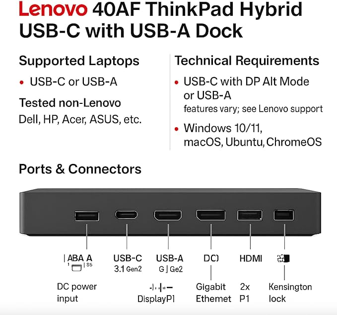 40AF0135US Lenovo Docking Station Dual Monitor Hybrid USB-C with USB-A, 135W, HDMI & DisplayPort Cable