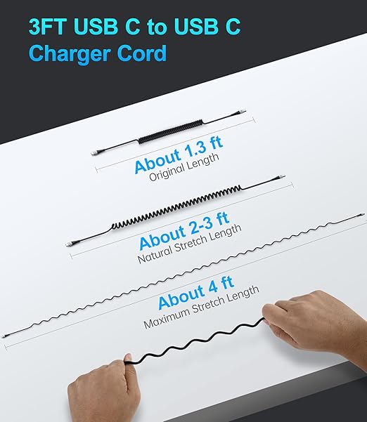 Coiled USBC to USBC Cables for Car 3FT/5FT, USB C to USB C Fast Charging Cables Short Type C Cord for iPhone 16/15/Pro/Plus/Pro Max/Samsung Galaxy S23, Compatible All Type C Devices-Silver 2Pack