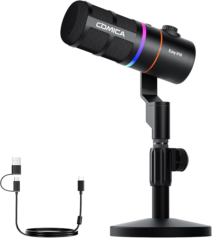 COMICA EJoy D10(D) USB Gaming Microphone – RGB Dynamic Mic with Noise Cancellation, XLR/USB-C, Real-Time Monitoring, Muting, Professional Studio Mic for Gaming, Streaming, Podcast, Recording (Black)