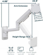 Monitor Wall Mount for 17-49 Inch Ultrawide Monitors, Single Monitor Arm Holds 4.4-44 lbs Screens, Adjustable Premium Aluminum Wall Mount with Max VESA 100x100 for Samsung Odyssey G9 and More, White