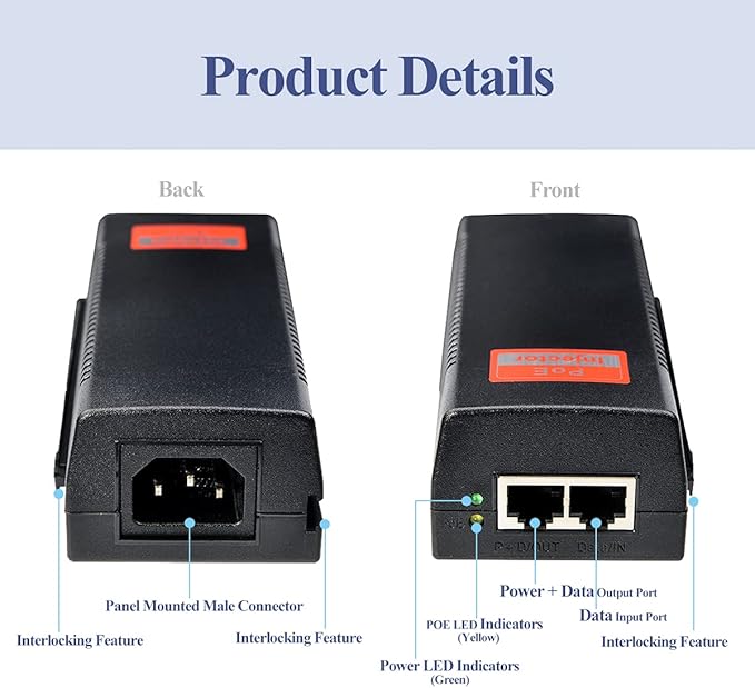 Revotech 30W PoE Injector Adapter Gigabit, IEEE 802.3 at/af 48V DC Passive POE+ RJ-45 10/100/1000Mbps, up to 100 Meters (328 Feet), Plug and Play