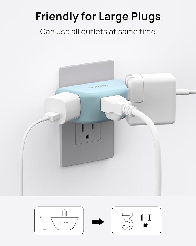 TROND Outlet Extender, 3 Way Angled Plug Splitter, 3-Prong Grounded Wall Outlet Adapter, Cruise Essentials, Compact and Practical Plug Expander for Home Decoration Travel Essentials, Mint Green