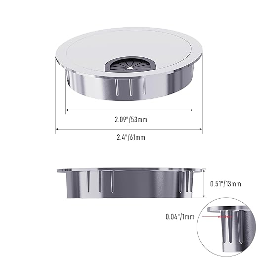 2 Pack Desk Grommet 2-1/8 Inch 53mm, Zinc Alloy Computer Desk Wire Hole Cover, Office Desktop Cord Cable Hole Metal Ring, Silver Tone