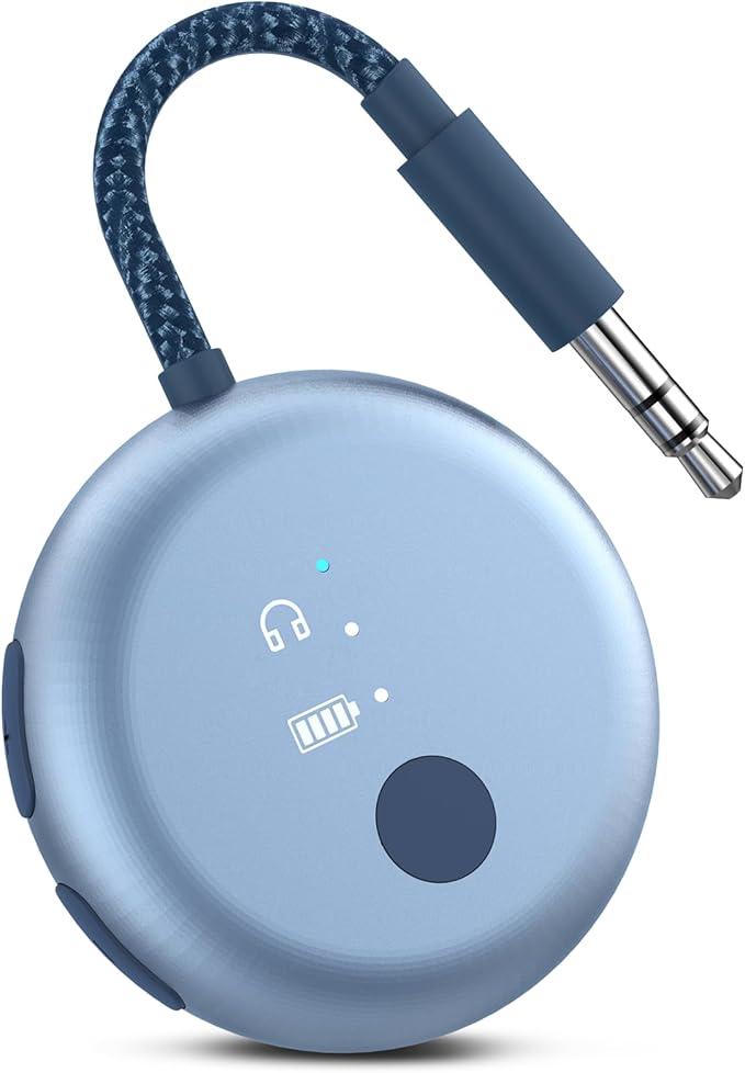 Avantree SoundJet R1 – Airplane Bluetooth Adapter for Headphones & AirPods, aptX Adaptive, Qualcomm Chipset, 20H Battery, Wireless Audio Transmitter for in-Flight Travel Essentials - Sky Blue