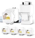 AMPCOM CAT6 RJ45 Keystone Jack - Reusable UTP Ethernet Wall Jack with Adjustable Ratchet Lock Design, No Tool and Zip Tie Required - 50u Gold Plated - White (6-Pack)