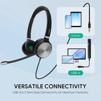 Yealink UH36 Professional USB Headset, Wired Headphones for Work Calls and Music, Headset with Noise Cancelling Mic for Computer PC Laptop（for Teams Certified, Mono,3.5mm Jack/USB Connection）