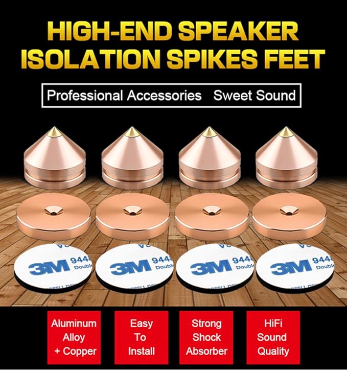 4Pcs Speaker Spikes Floor Protectors Shockproof Speaker Isolation Spikes with Base Pad for Speaker,Subwoofer,Amplifier,Turntable,Recorder CD DAC with 3m Adhesive (Gold)