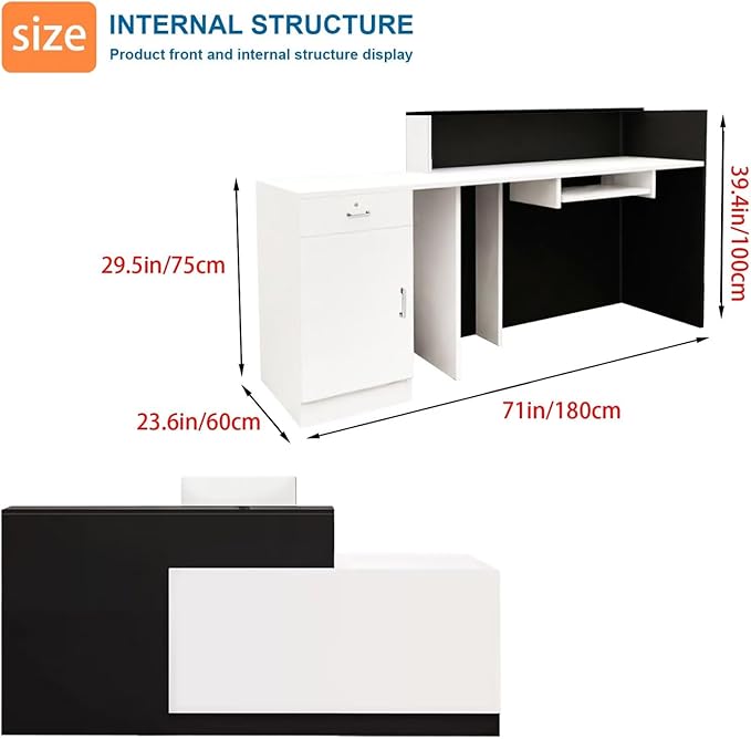 Reception Desk with Counter Modern Checkout Counter with Lockable Drawer Keyboard Tray Receptionist Desk for Office Salon Reception Table F Right 71inch/180cm