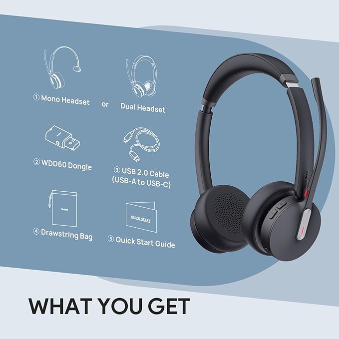 Yealink WH64 Hybrid Dual Wireless Headset with DECT Dongle, 492ft Range,Teams Zoom,Skype, UC,Bluetooth On Ear Work Headphones with 3X Noise Cancelling Mic, 32H Talk Time, Office PC, Computer,IP Phone