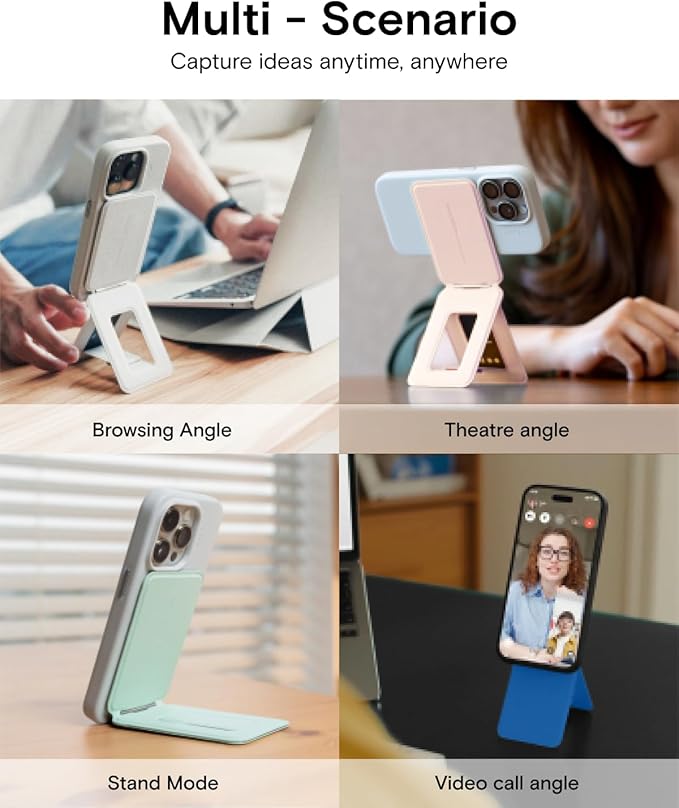 MOFT Phone Stand, Magnetic Phone Tripod Stand Stain-Resistant MOVAS Leather & Angle Adjustment & Strong Magnets Tripod for iPhone 16/15/14/13/12 (Included Metal Ring)-Seafoam