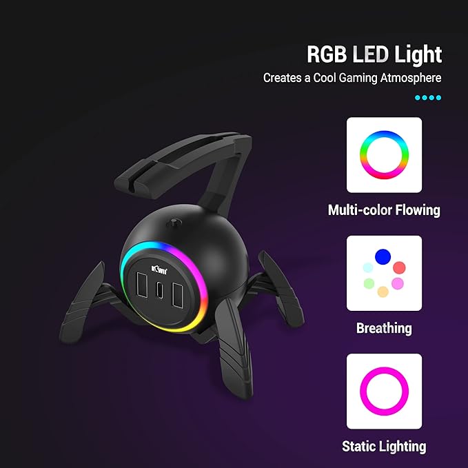 KIWIFOTOS Mouse Bungee RGB Gaming Mouse Cord Holder Controller, Upgraded Flexible Cable Management Smart RGB LED Lights 2 Port USB Hub & 1 Type-C, Spider Mouse Wire Holder