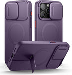SURITCH for iPhone 15 Pro Max Case with Magnetic Camera Slide Cover and Adjustable Kickstand, Compatible with MagSafe, Shockproof Bumper Case Slim Protective Cover 6.7 Inch, Dark Purple