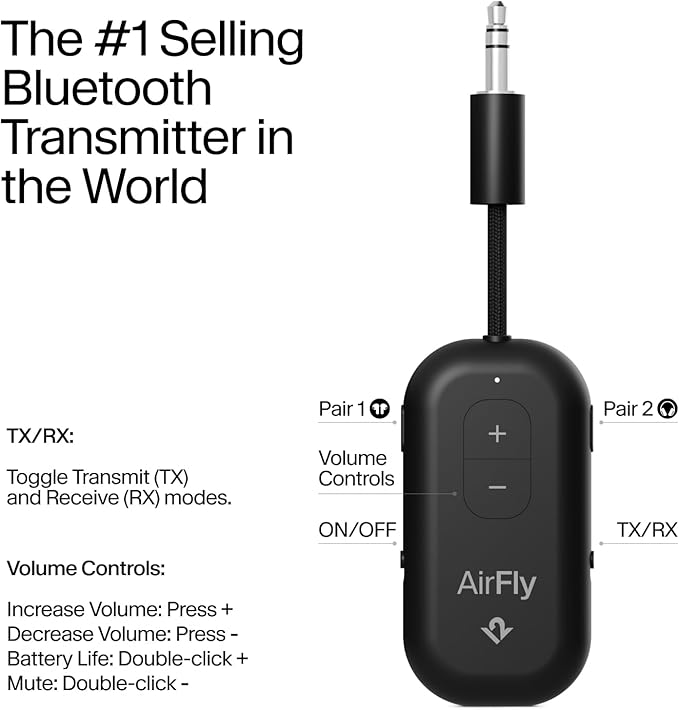 Twelve South AirFly Pro | Bluetooth Wireless Transmitter/Receiver Adapter for 2 Headphones, Audio Sharing, Compatible with 3.5mm aux Jack for Airplanes, TV, Gym, Stereo, and Travel, Evergreen