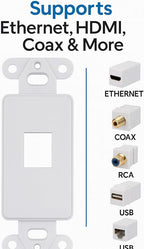 10 Pack Keystone Wall Plate 1 Port, White Decorator Insert Cover for Ethernet, HDMI, Coax, Cat6 Cat5, RJ45, Home & Office Installations
