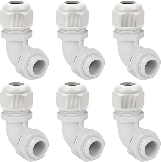 LeMotech M20 Cable Gland, 90 Degree Adjustable 9-14mm Strain Relief, Cord Connectors Nylon Joints with Gaskets, 6 Pcs, Grey