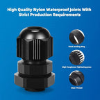 Cable Gland 20 Pack Plastic Waterproof Adjustable Connector 3-7mm PG7 Strain Relief Cord Connectors Joints Nylon with Gaskets