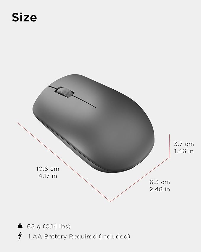 Lenovo 530 Full Size Wireless Computer Mouse for PC, Laptop, Computer with Windows - 2.4 GHz Nano USB Receiver - Ambidextrous Design - 12 Months Battery Life - Graphite Grey