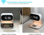 Digital Alarm Clock with Wireless Fast Charging Station 15W Touch Smart Lamp for Bedside,3 Colors Nightlight Adjustment Night Lamp for Living Room,Bedside,Heavy Sleepers (White+No Adapter)