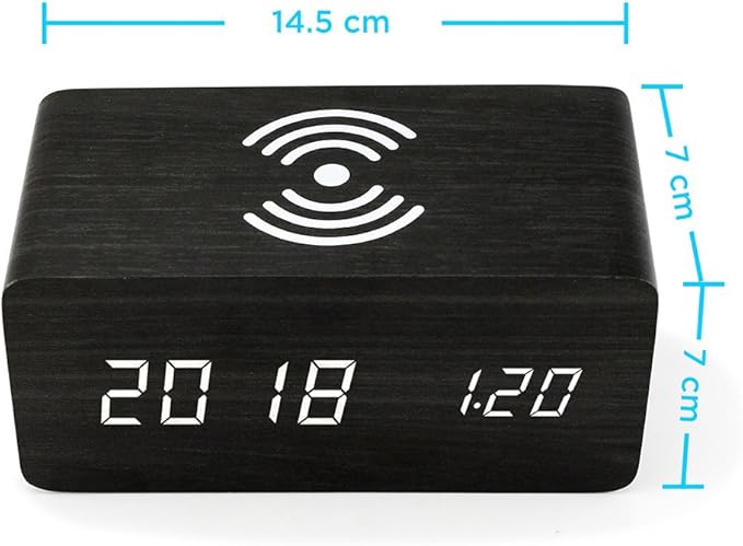 OCT17 Alarm Clock with Qi Wireless Charging Pad Compatible with iPhone Samsung Wood LED Digital Clock Sound Control Function, Time Date, Temperature Display for Bedroom Office Home - Black