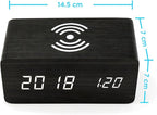 OCT17 Alarm Clock with Qi Wireless Charging Pad Compatible with iPhone Samsung Wood LED Digital Clock Sound Control Function, Time Date, Temperature Display for Bedroom Office Home - Black