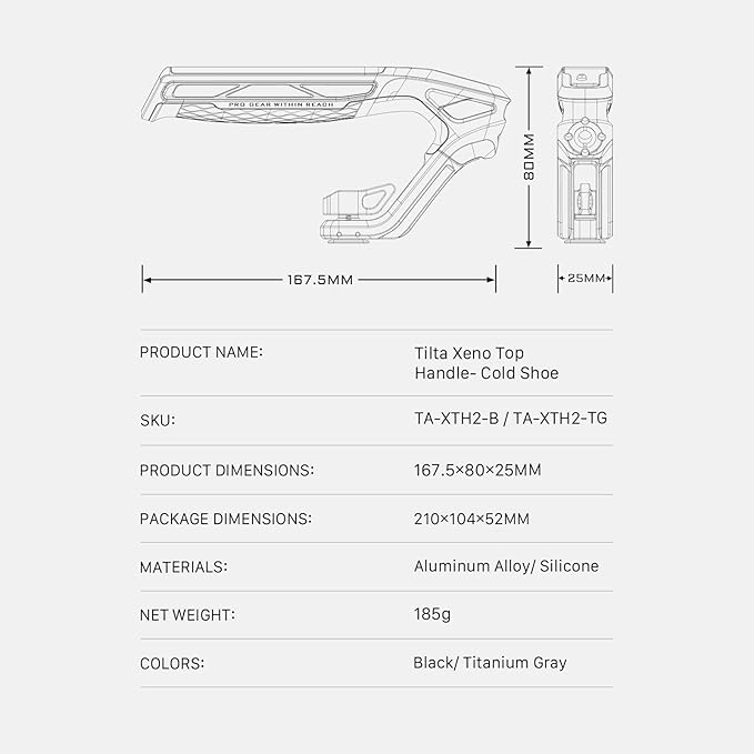 Tilta Xeno Top Handle for Filmmakers & Cameras - Titanium Gray | Aluminum Alloy and Silicone Build | 1/4″-20 w/Locating Points | Safety Release Pin | Comfortable Handling (Cold Shoe)