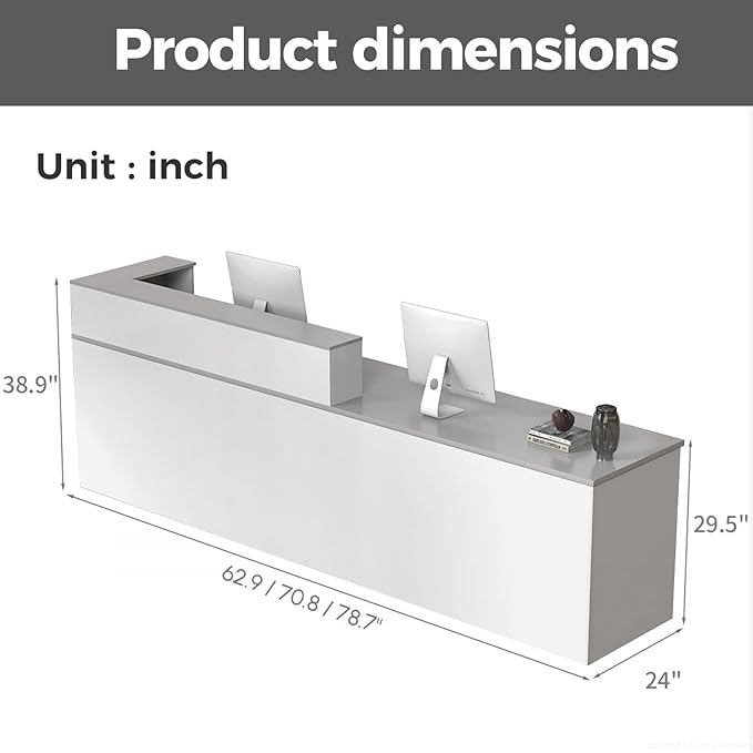 Reception Desk with Counter, Modern Front Desk Reception Counter with Keyboard Tray, Lockable Drawer and Storage Shelves for Office, Retail, Salon (White+Gray/Right, 71" L*24" W*39" H)