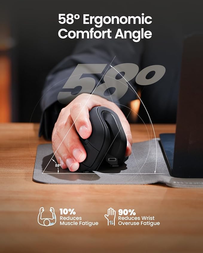 ProtoArc Ergonomic Mouse, EM11 NL Bluetooth Rechargeable Wireless Vertical Mouse, 3 Multi-Device Connectivity for Computer/PC/Laptop, 2.4GHz Optical Mice for Windows, Mac OS, Black