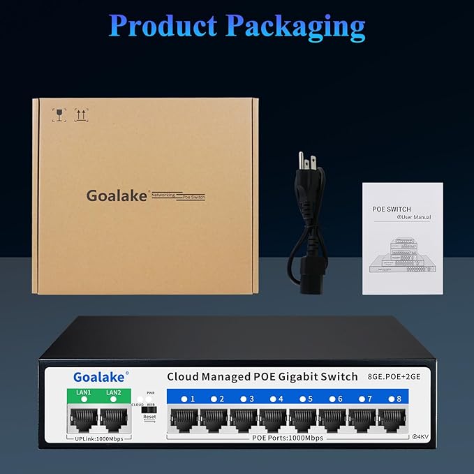 8 Port Gigabit PoE Switch with 2*1000Mbps Uplink, Easy Managed 10 Port Gigabit POE Switch Compatible with IEEE 802.3af/at Devices@120W, AI PoE Auto Recovery&Extend, Vlan, Metal Pluy&Play