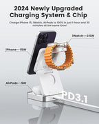 3-in-1 Wireless Charger for iPhone,15W Fast Wireless Charging Station Compatible with Mag-Safe Charger,Magnetic Foldable Travel Charger Stand Nightstand for iPhone 16/15/14/13/12,Apple Watch&AirPods