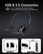 USB Headset with Microphone for PC - Lightweight Single-Ear Computer Headset, Crystal Clear Sound & Comfort Fit, Flexible Steel Headband (3.5mm+USB)