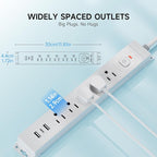 10 Ft Power Strip Surge Protector with USB Ports, Flat Plug Extension Cord, 5 AC Outlets and 3 USB Charging Ports, Wall Mountable, ETL Listed – White for Home, Office, Dorm
