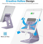 OMOTON Adjustable Tablet Stand for Desk, Upgraded Longer Arms for Greater Stability, T2 Tablet Holder with Hollow Design for Bigger Sized Phones and Tablets Such as iPad Pro/Air/Mini, Purple