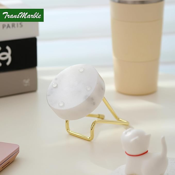 Marble Phone Stand with Metal Holder, Charging Available While Using, Swipe Up to Unlock, Made of Natural Marble as Business Card Holder for Office Desk (Starry White + Gold)